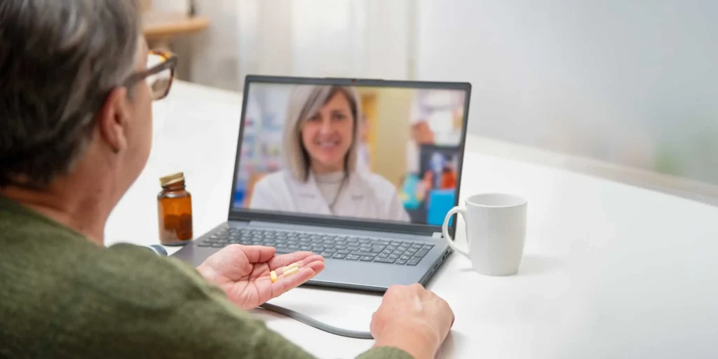 Person attending an online psychiatric consultation about medication safety