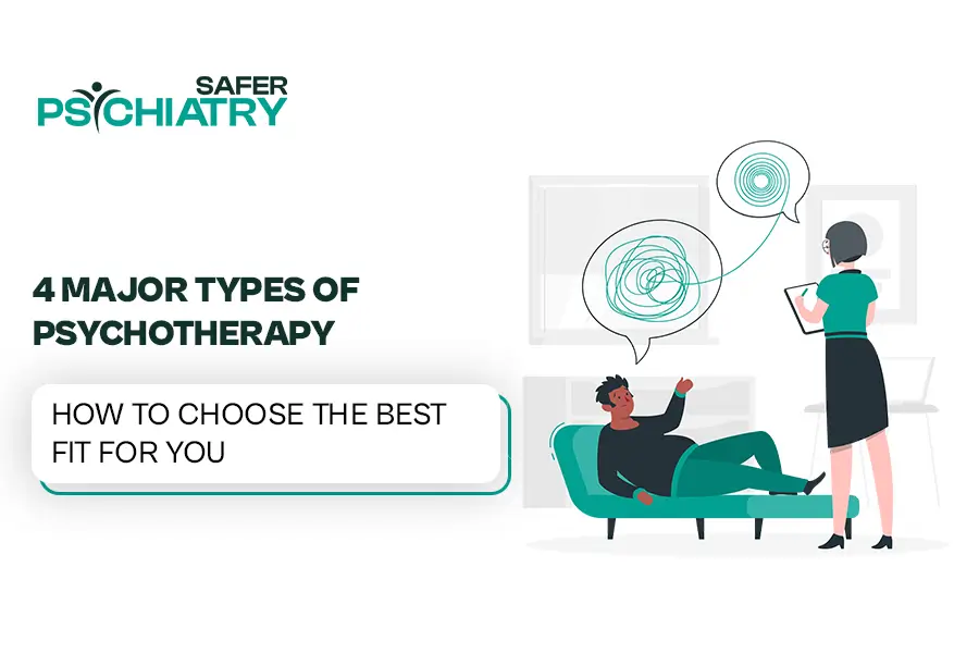 A professional treat the 4 major types of psychotherapy on clinic write somthing on clipboard
